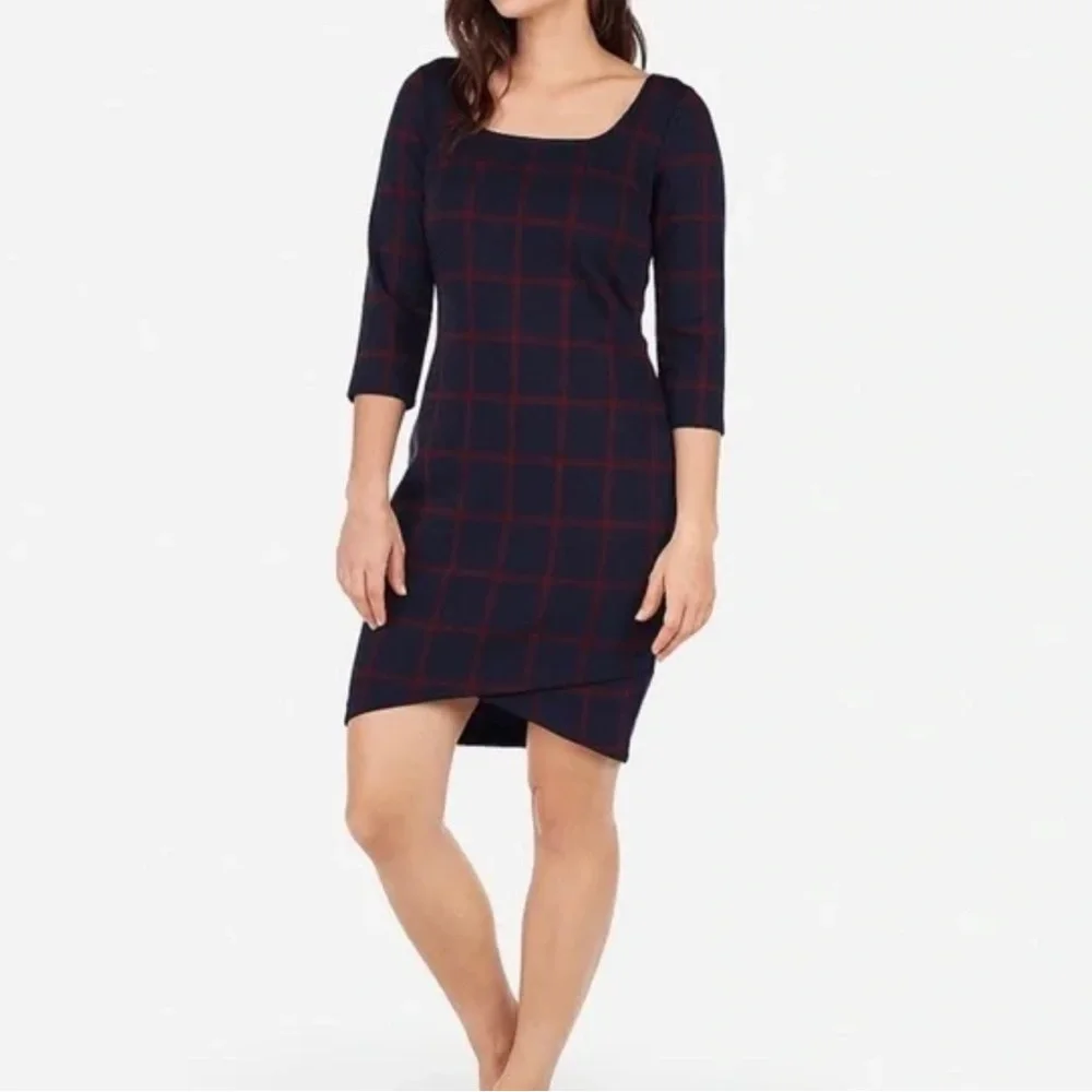 NWT Express Willow Plaid square neck Sheath Dress 3/4 sleeve XS‎